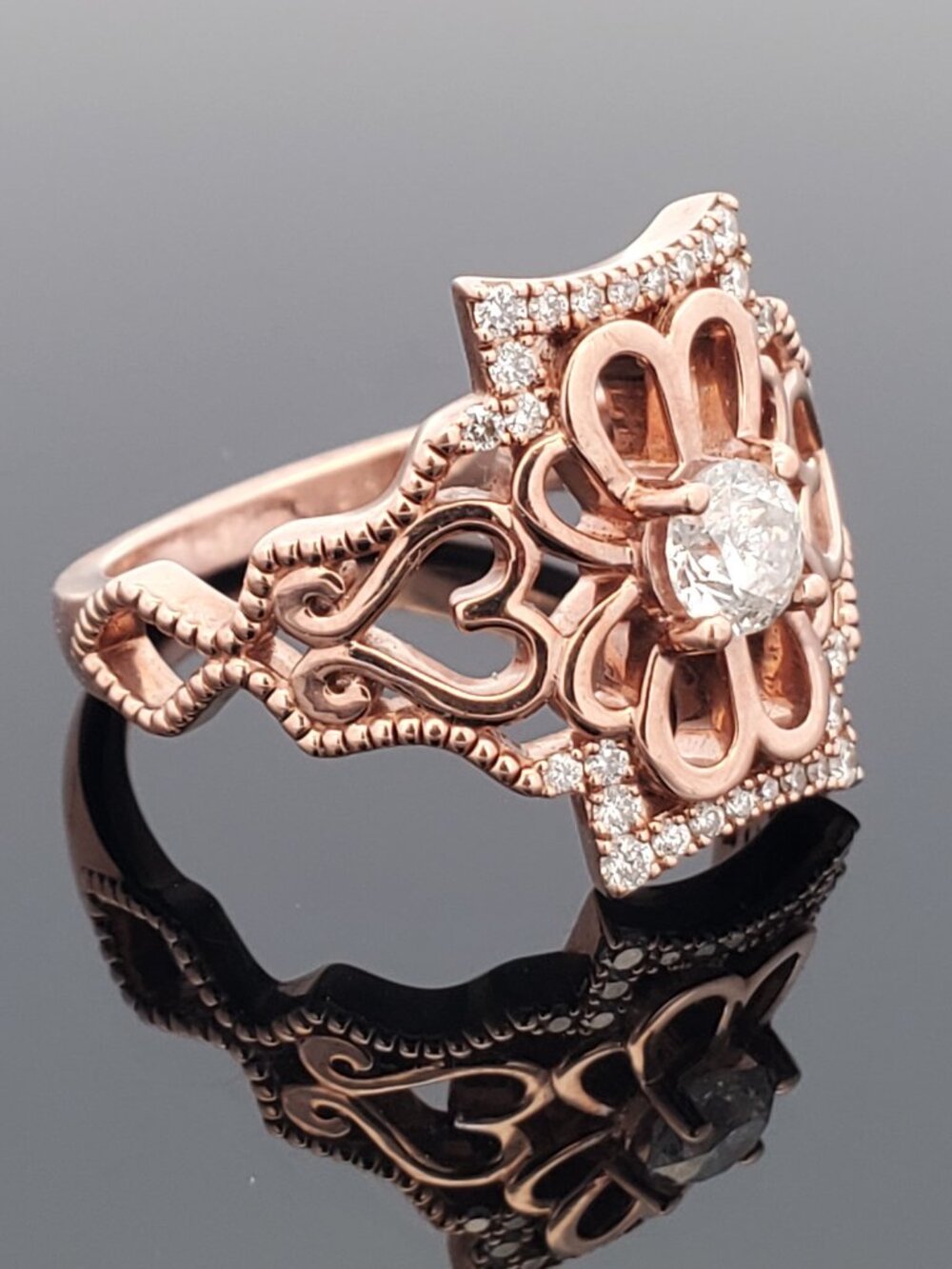 10K Rose Gold Diamond Flower Ring 0.65 CTW Round Diamonds Floral Filigree SZ 10 - Picture 11 of 16